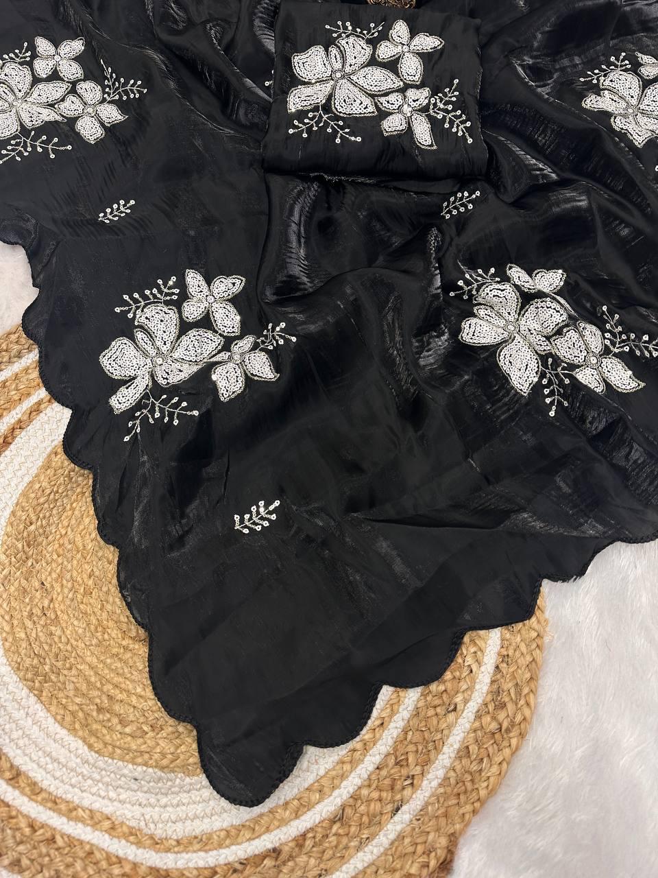 Felicitous Black Sequence Work Jimmy Choo Silk Saree With Resonant Blouse Piece
