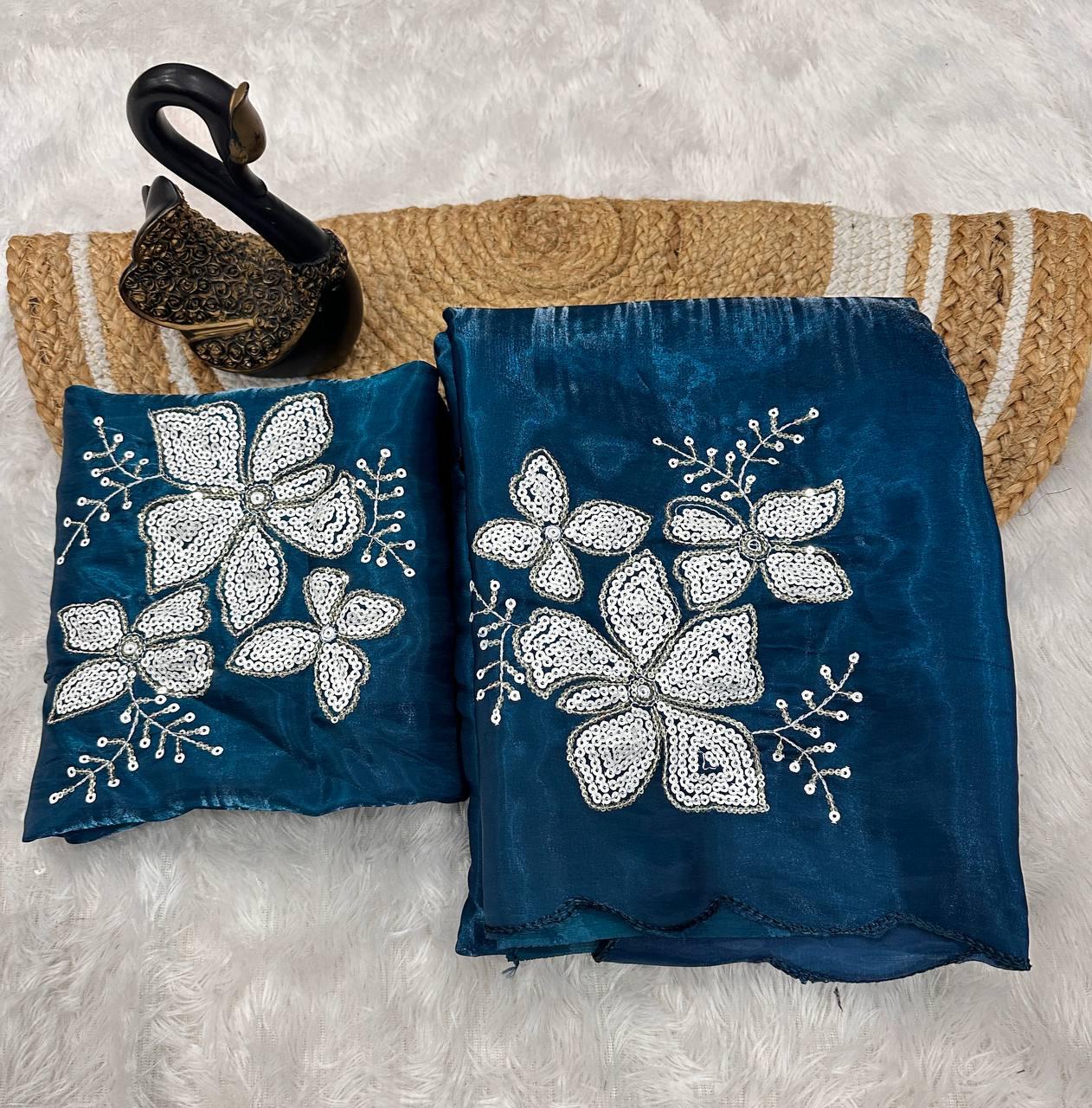 Confounding Blue Sequence Work Jimmy Choo Silk Saree With Desuetude Blouse Piece