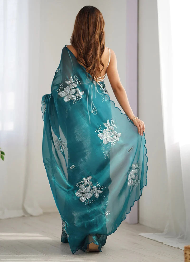 Confounding Blue Sequence Work Jimmy Choo Silk Saree With Desuetude Blouse Piece