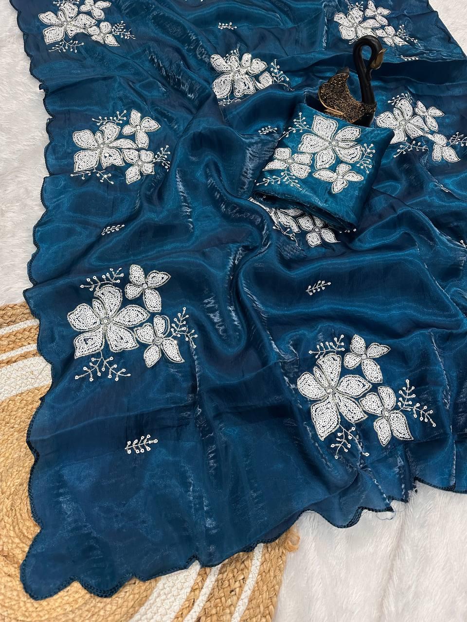 Confounding Blue Sequence Work Jimmy Choo Silk Saree With Desuetude Blouse Piece