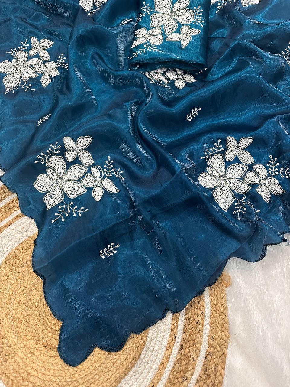 Confounding Blue Sequence Work Jimmy Choo Silk Saree With Desuetude Blouse Piece