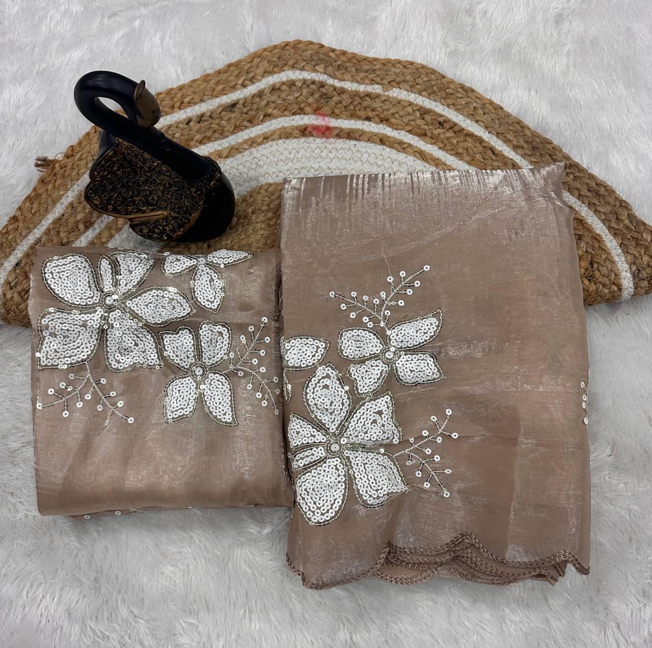 Assemblage Brown Sequence Work Jimmy Choo Silk Saree With Glowing Blouse Piece