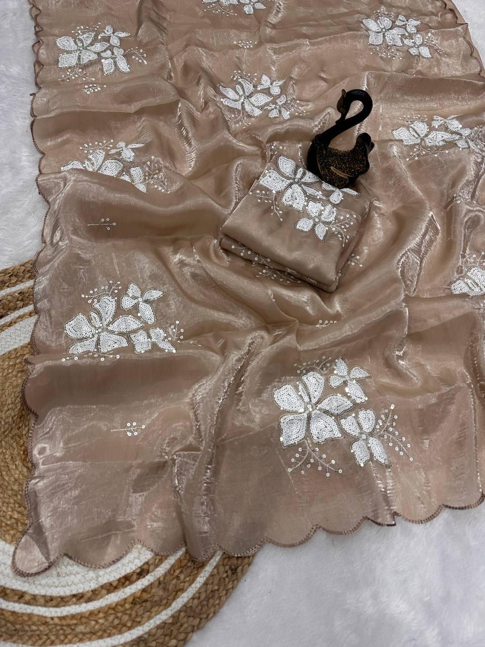 Assemblage Brown Sequence Work Jimmy Choo Silk Saree With Glowing Blouse Piece