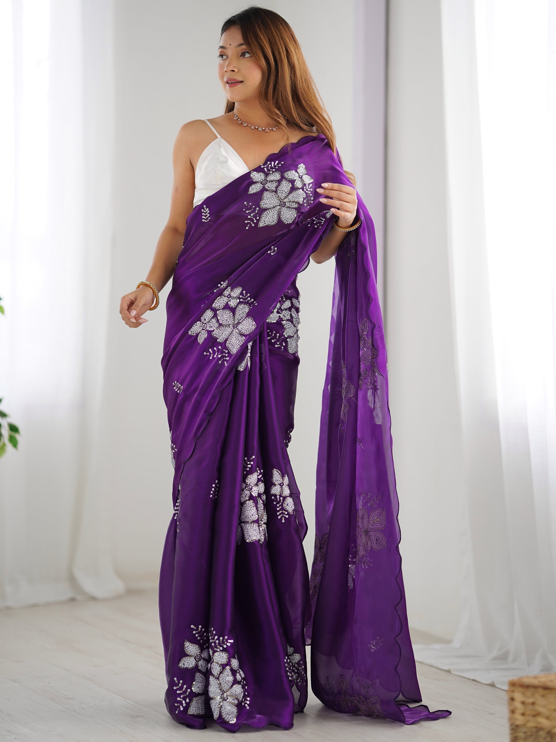 Arresting Purple Sequence Work Jimmy Choo Silk Saree With Demure Blouse Piece
