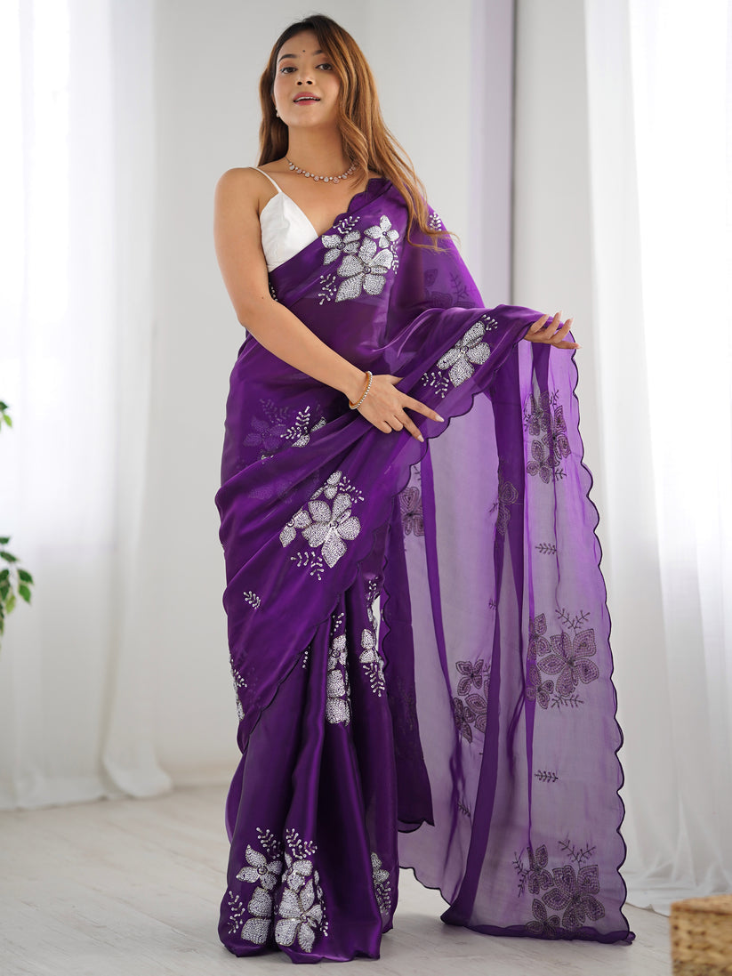 Arresting Purple Sequence Work Jimmy Choo Silk Saree With Demure Blouse Piece