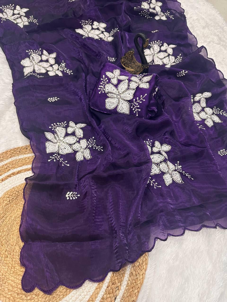 Arresting Purple Sequence Work Jimmy Choo Silk Saree With Demure Blouse Piece