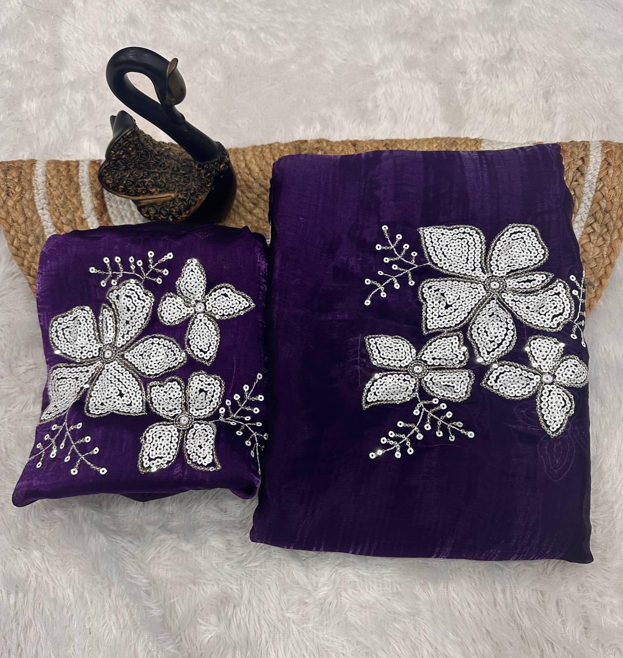 Arresting Purple Sequence Work Jimmy Choo Silk Saree With Demure Blouse Piece