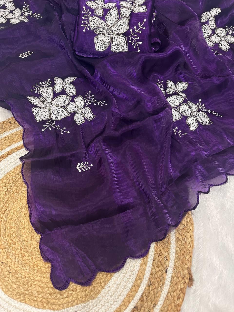 Arresting Purple Sequence Work Jimmy Choo Silk Saree With Demure Blouse Piece