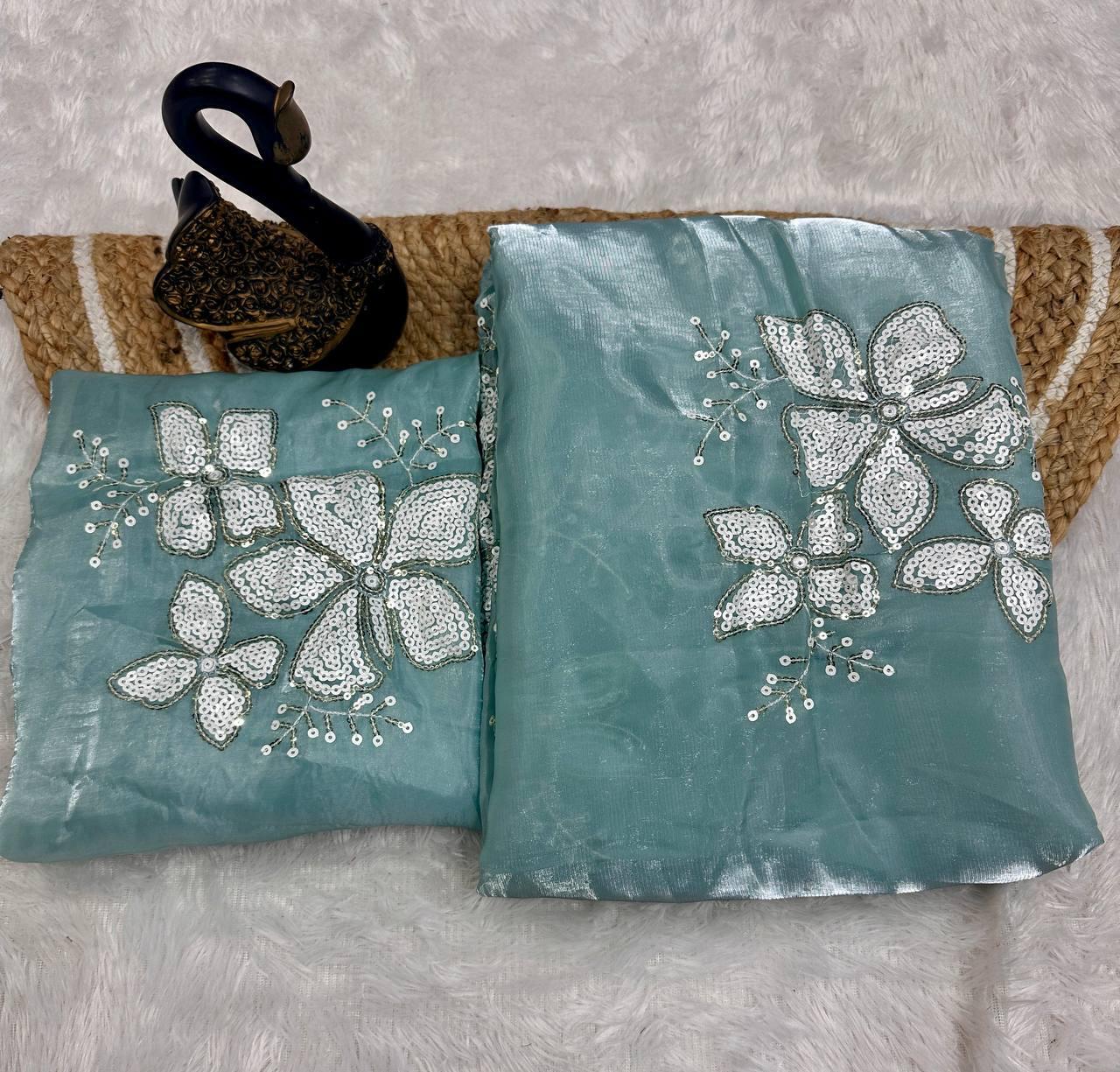 Ethereal Sky Sequence Work Jimmy Choo Silk Saree With Eye-catching Blouse Piece