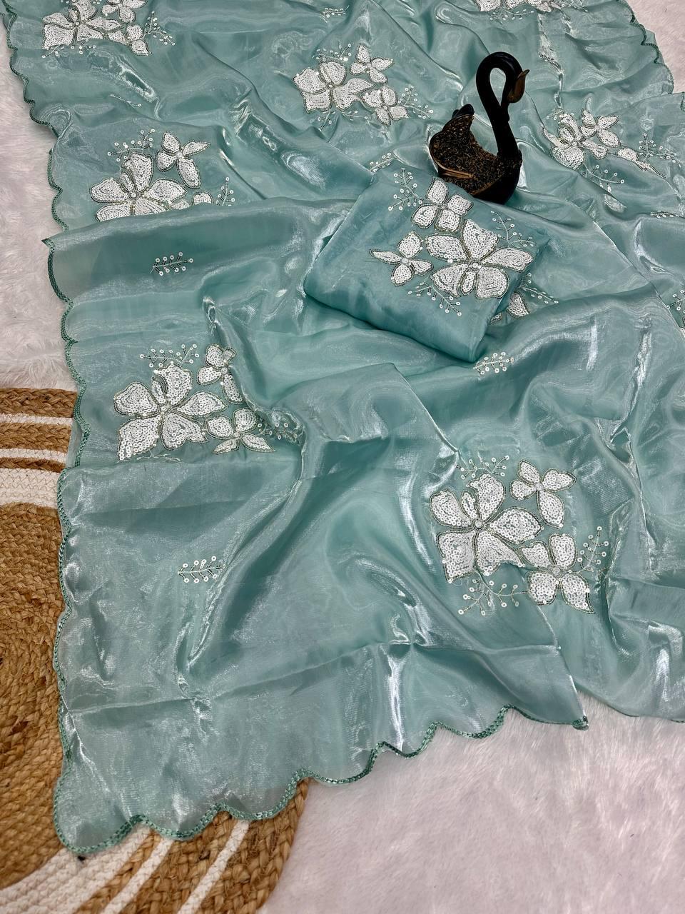 Ethereal Sky Sequence Work Jimmy Choo Silk Saree With Eye-catching Blouse Piece