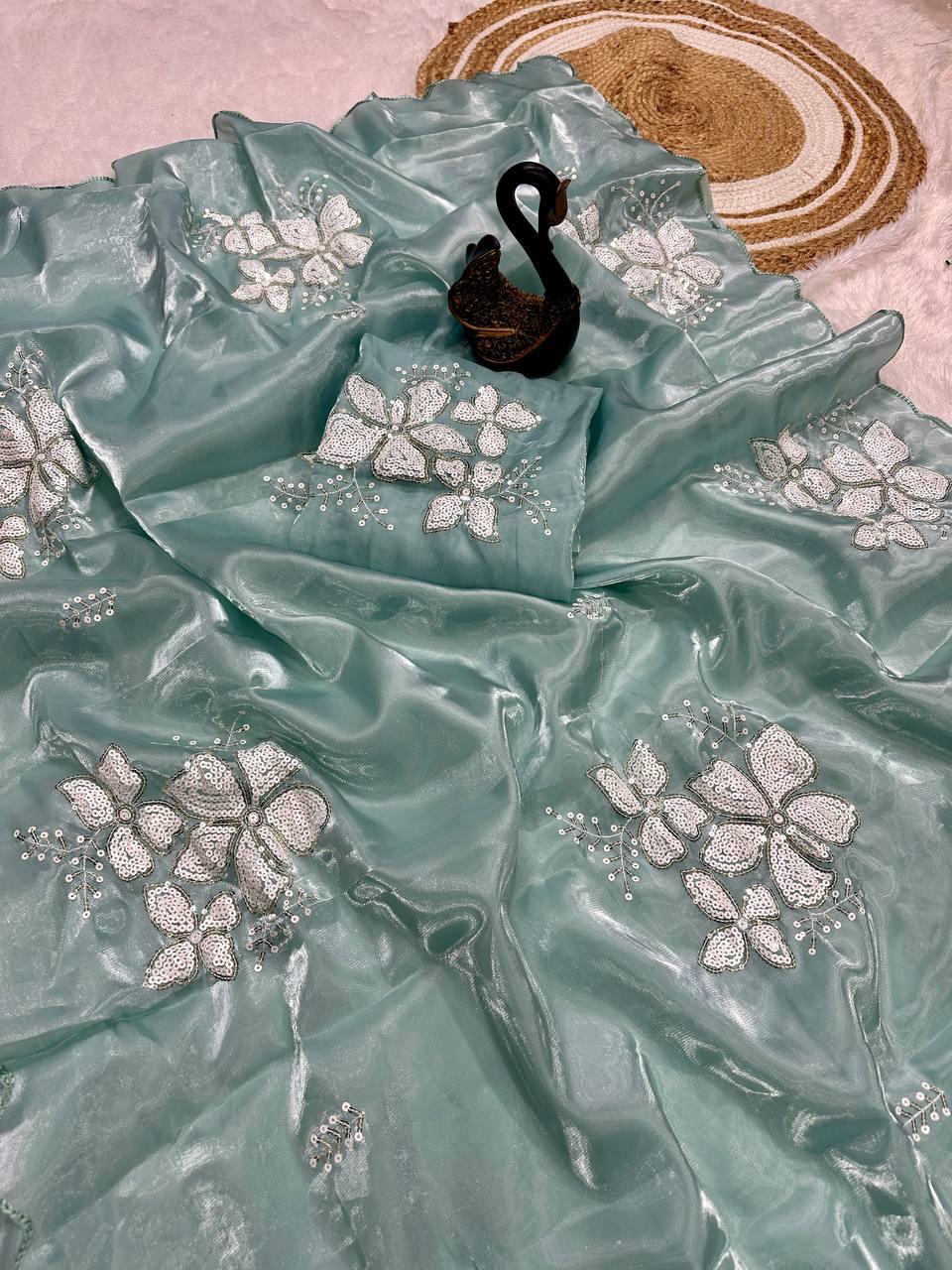 Ethereal Sky Sequence Work Jimmy Choo Silk Saree With Eye-catching Blouse Piece
