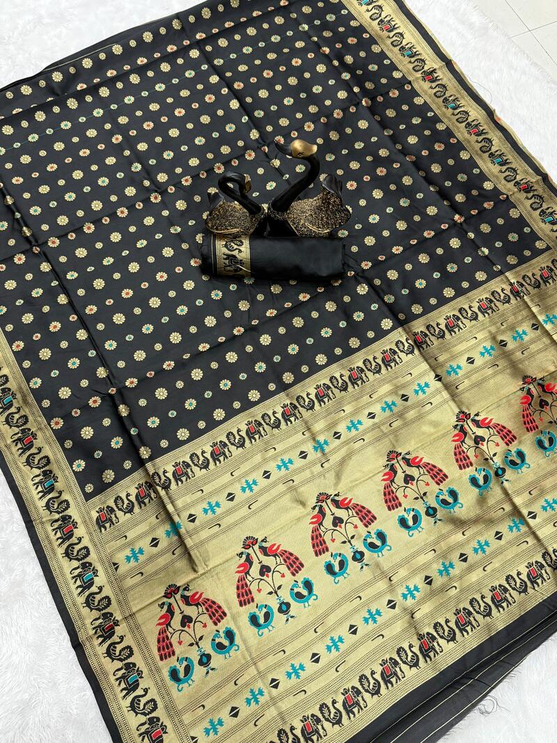 Posh Black Paithani Silk Saree With Prettiest Blouse Piece