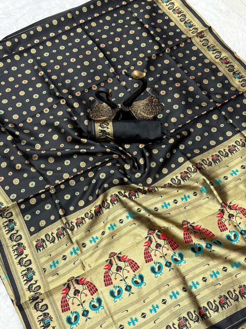Posh Black Paithani Silk Saree With Prettiest Blouse Piece