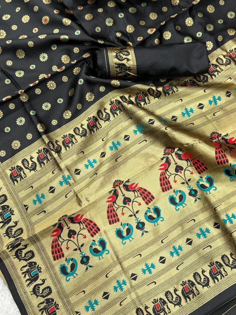 Posh Black Paithani Silk Saree With Prettiest Blouse Piece
