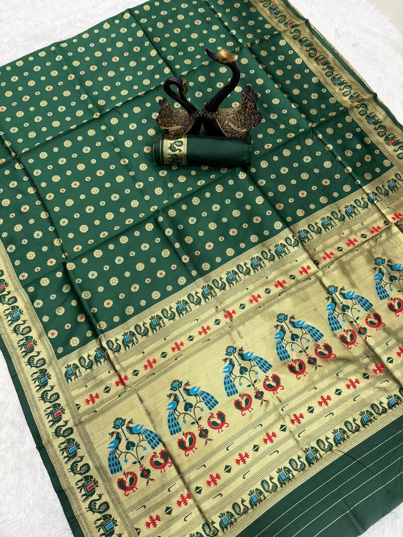 Embrocation Dark Green Paithani Silk Saree With Propinquity Blouse Piece