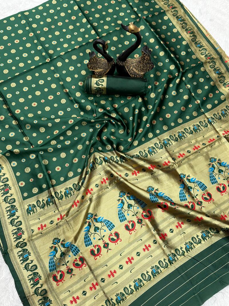 Embrocation Dark Green Paithani Silk Saree With Propinquity Blouse Piece