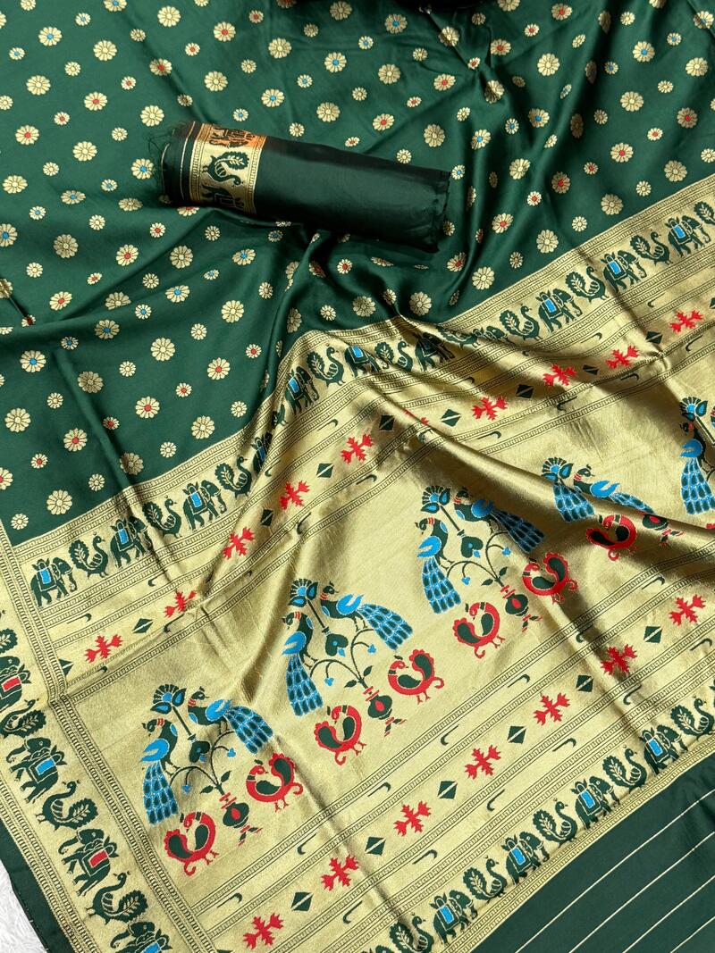 Embrocation Dark Green Paithani Silk Saree With Propinquity Blouse Piece