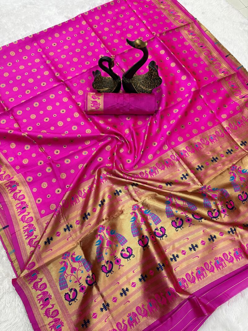 Trendy Dark Pink Paithani Silk Saree With Stunner Blouse Piece