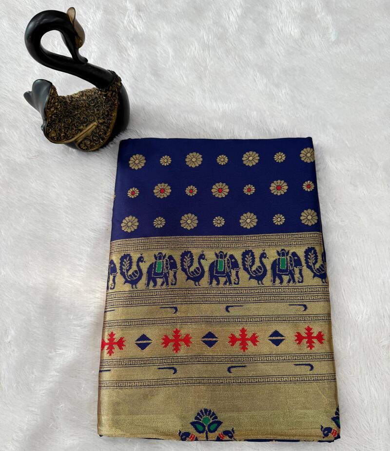 Gratifying Navy Blue Paithani Silk Saree With Classy Blouse Piece