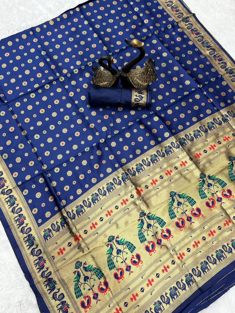 Gratifying Navy Blue Paithani Silk Saree With Classy Blouse Piece