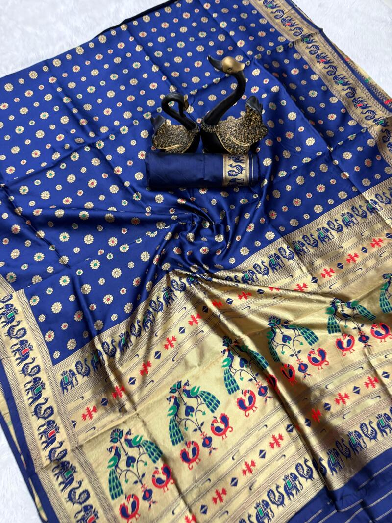 Gratifying Navy Blue Paithani Silk Saree With Classy Blouse Piece