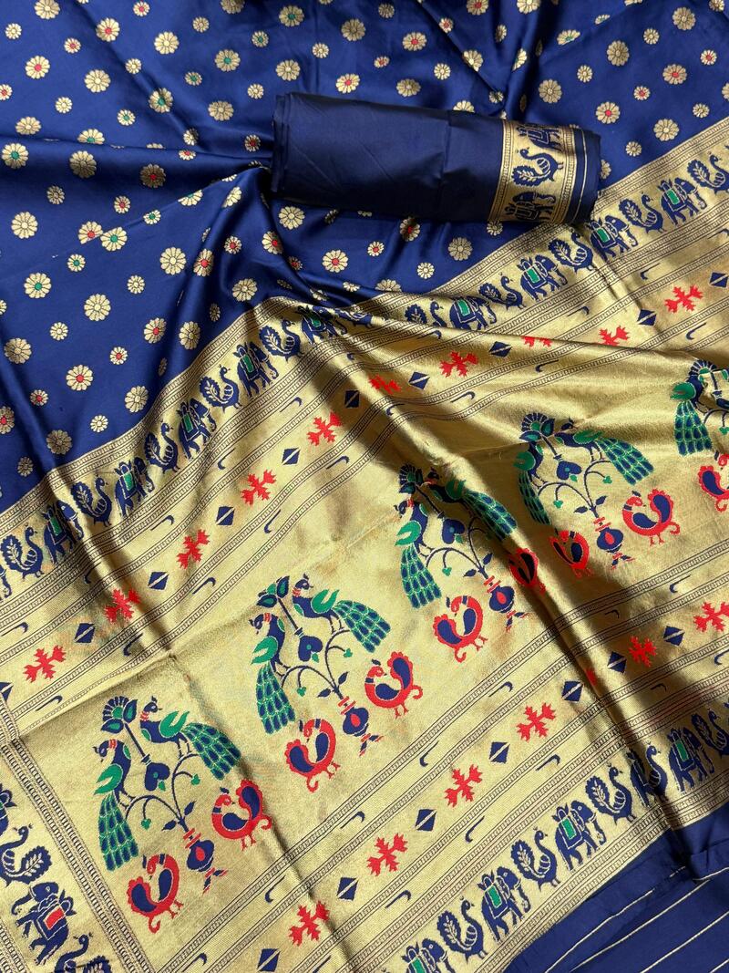 Gratifying Navy Blue Paithani Silk Saree With Classy Blouse Piece