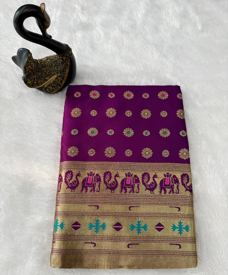 Luminous Purple Paithani Silk Saree With Woebegone Blouse Piece