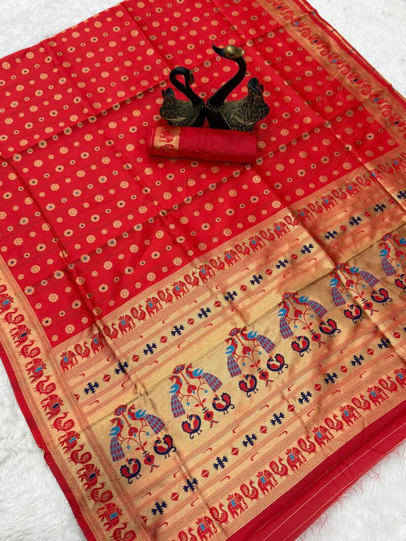 Quixotic Red Paithani Silk Saree With Pulsating Blouse Piece