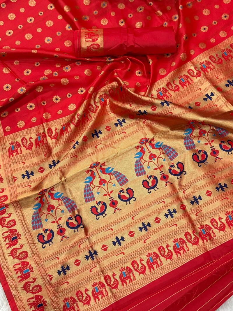 Quixotic Red Paithani Silk Saree With Pulsating Blouse Piece