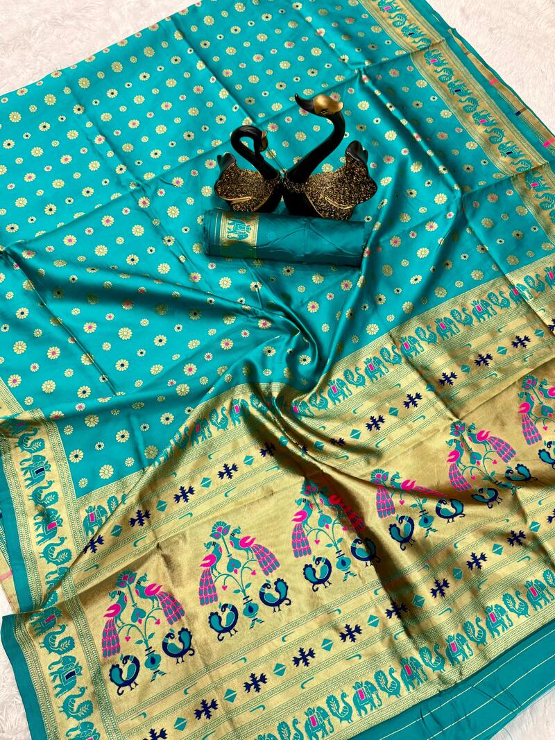 Alluring Turquoise Paithani Silk Saree With Amazing Blouse Piece