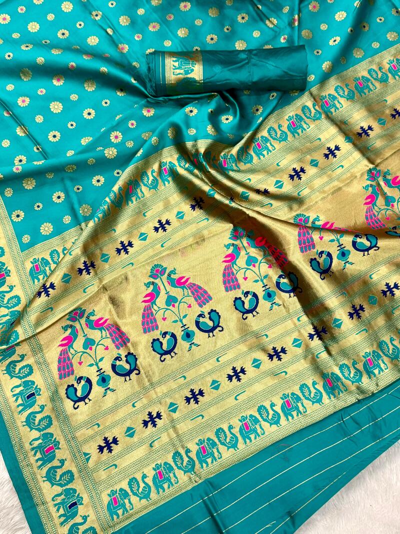Alluring Turquoise Paithani Silk Saree With Amazing Blouse Piece