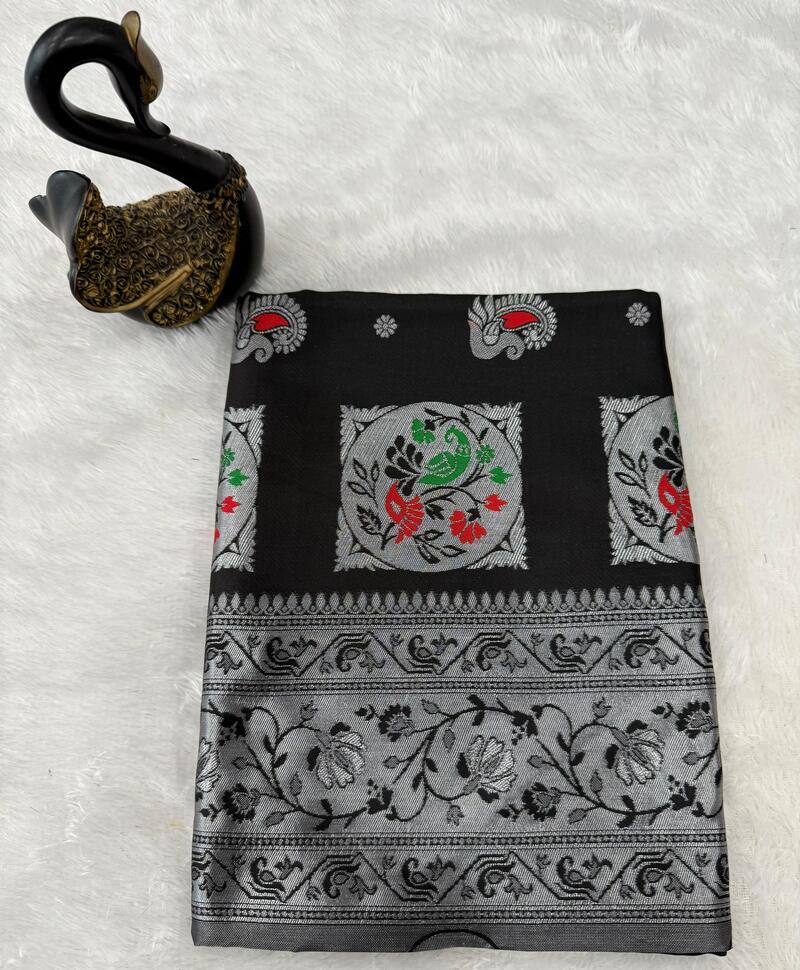Dalliance Black Paithani Silk Saree With Gorgeous Blouse Piece