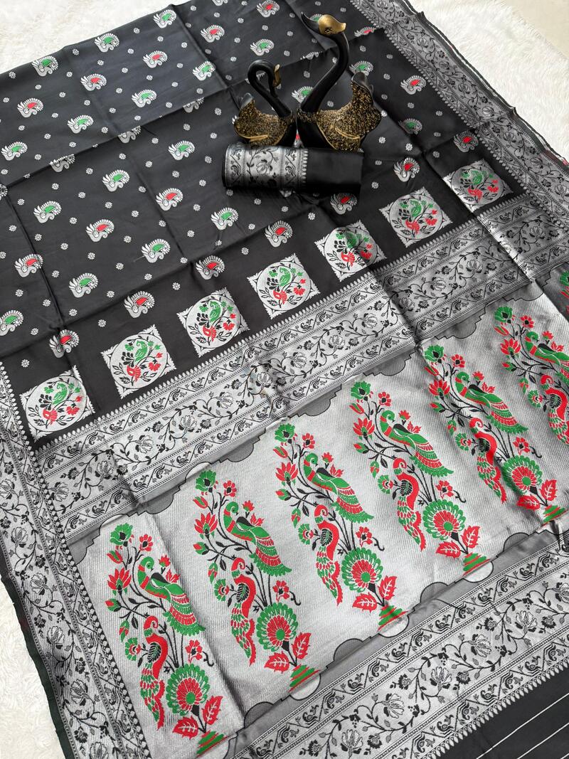 Dalliance Black Paithani Silk Saree With Gorgeous Blouse Piece