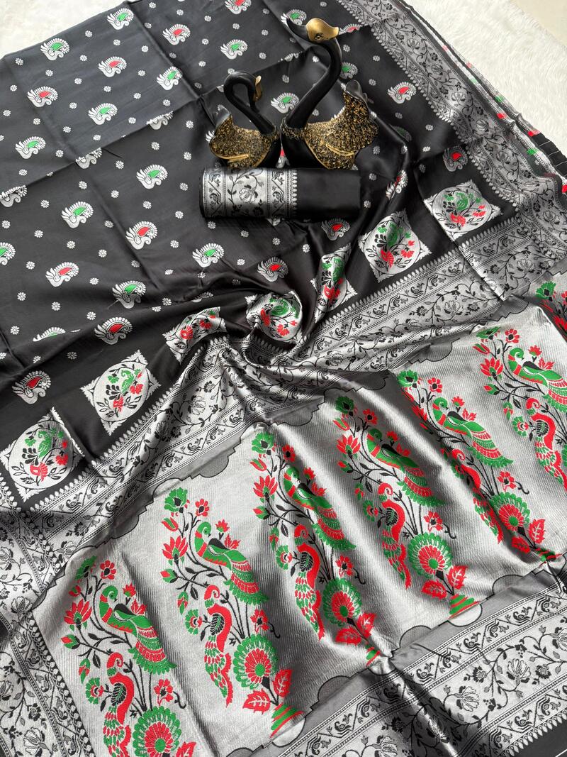 Dalliance Black Paithani Silk Saree With Gorgeous Blouse Piece