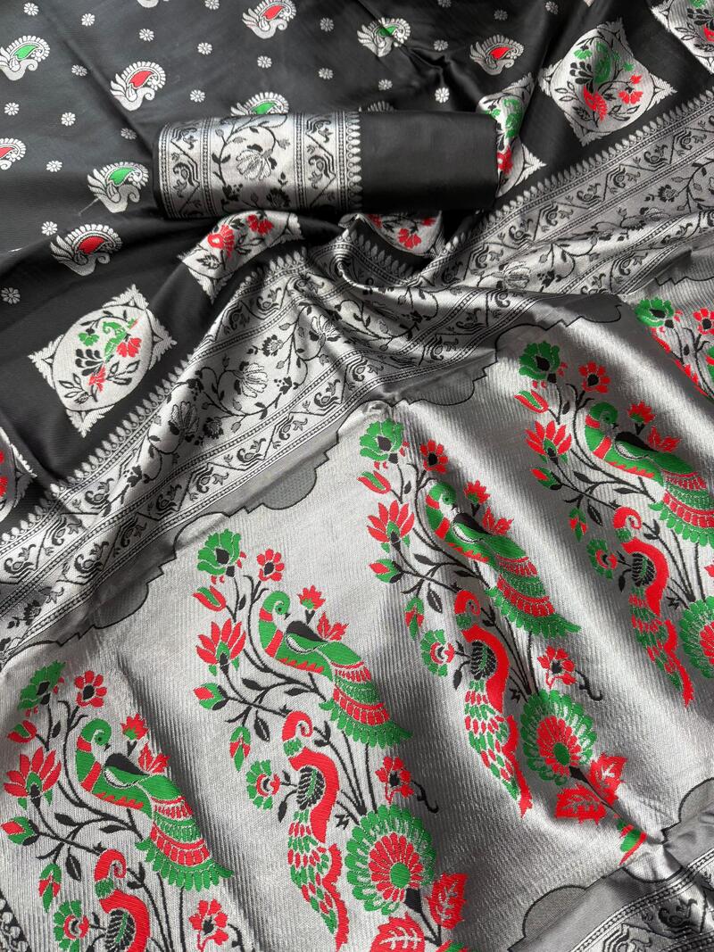 Dalliance Black Paithani Silk Saree With Gorgeous Blouse Piece
