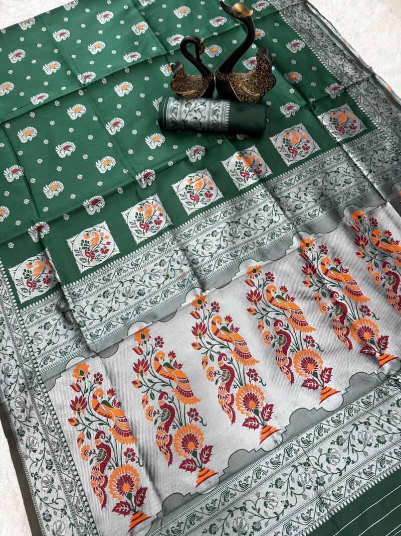 Snazzy Dark Green Paithani Silk Saree With Epiphany Blouse Piece