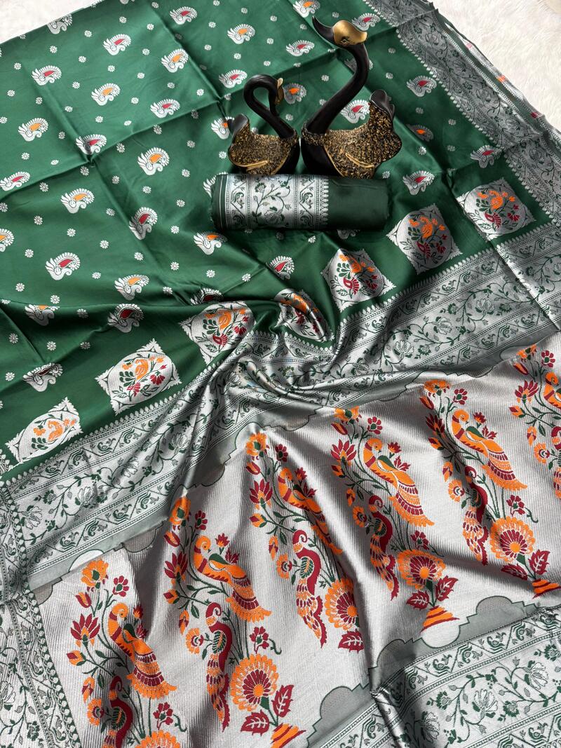 Snazzy Dark Green Paithani Silk Saree With Epiphany Blouse Piece