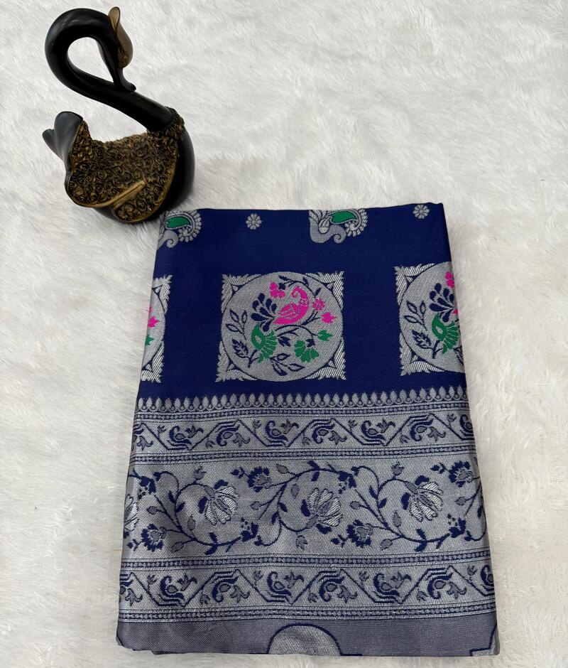 Susurrous Navy Blue Paithani Silk Saree With Opulent Blouse Piece