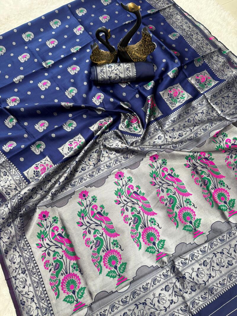 Susurrous Navy Blue Paithani Silk Saree With Opulent Blouse Piece