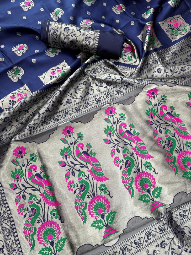 Susurrous Navy Blue Paithani Silk Saree With Opulent Blouse Piece