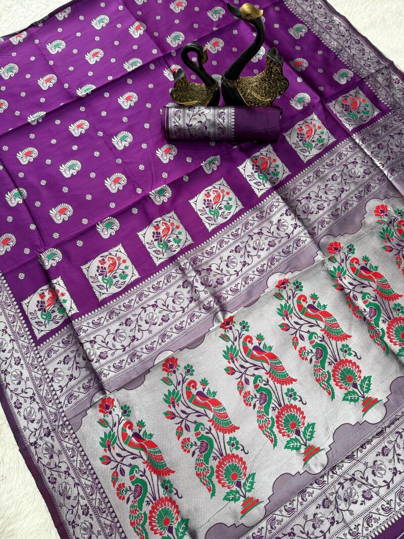 Adorning Purple Paithani Silk Saree With Glorious Blouse Piece