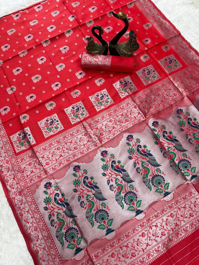 Prodigal Red Paithani Silk Saree With Beautiful Blouse Piece