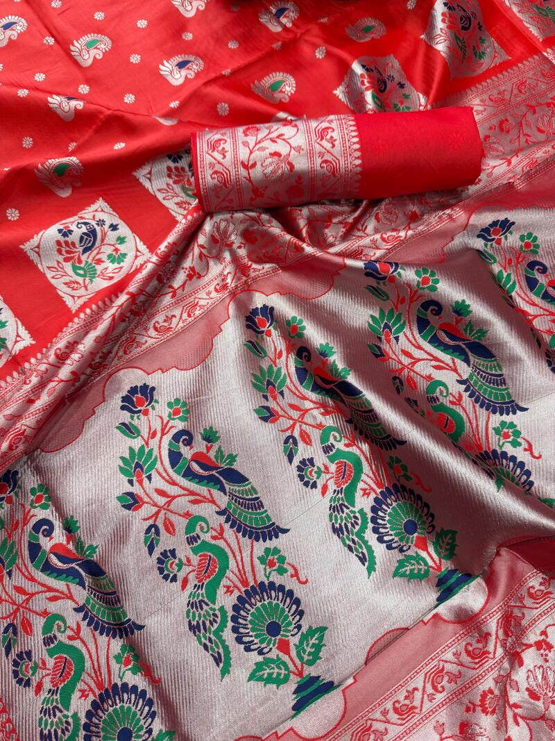Prodigal Red Paithani Silk Saree With Beautiful Blouse Piece