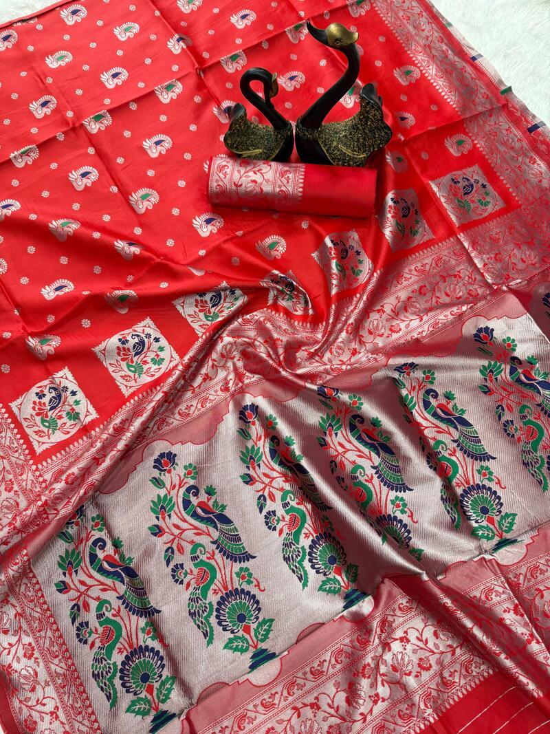 Prodigal Red Paithani Silk Saree With Beautiful Blouse Piece