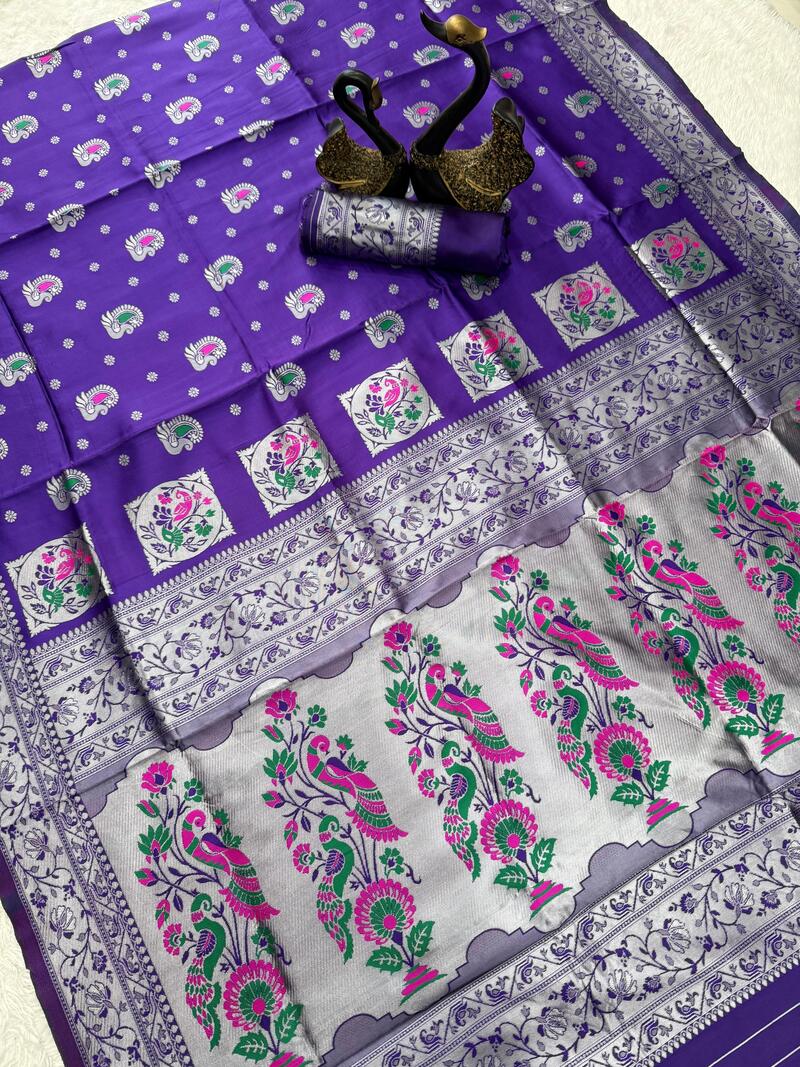 Sensational Violet Paithani Silk Saree With Seraglio Blouse Piece