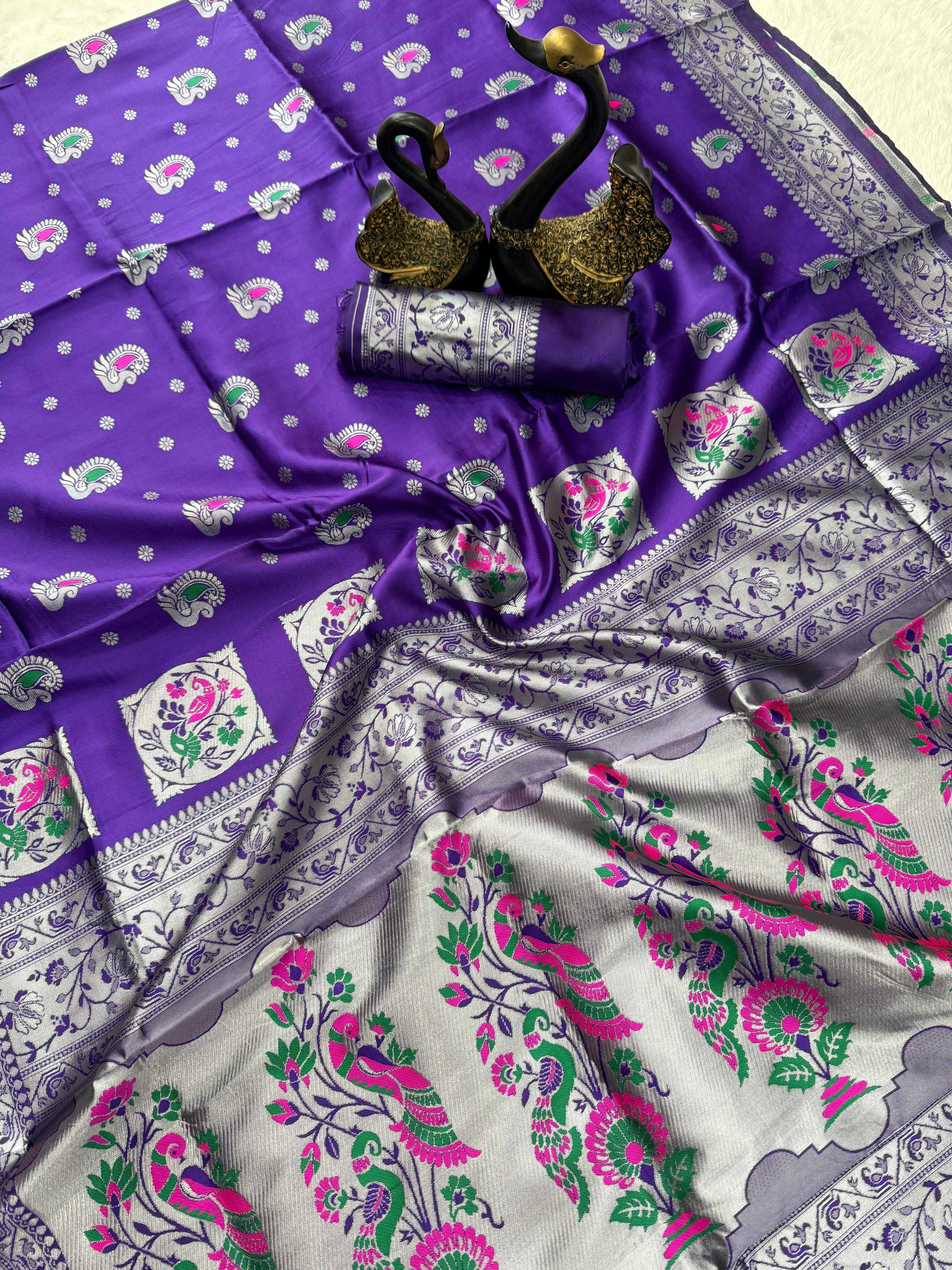 Sensational Violet Paithani Silk Saree With Seraglio Blouse Piece