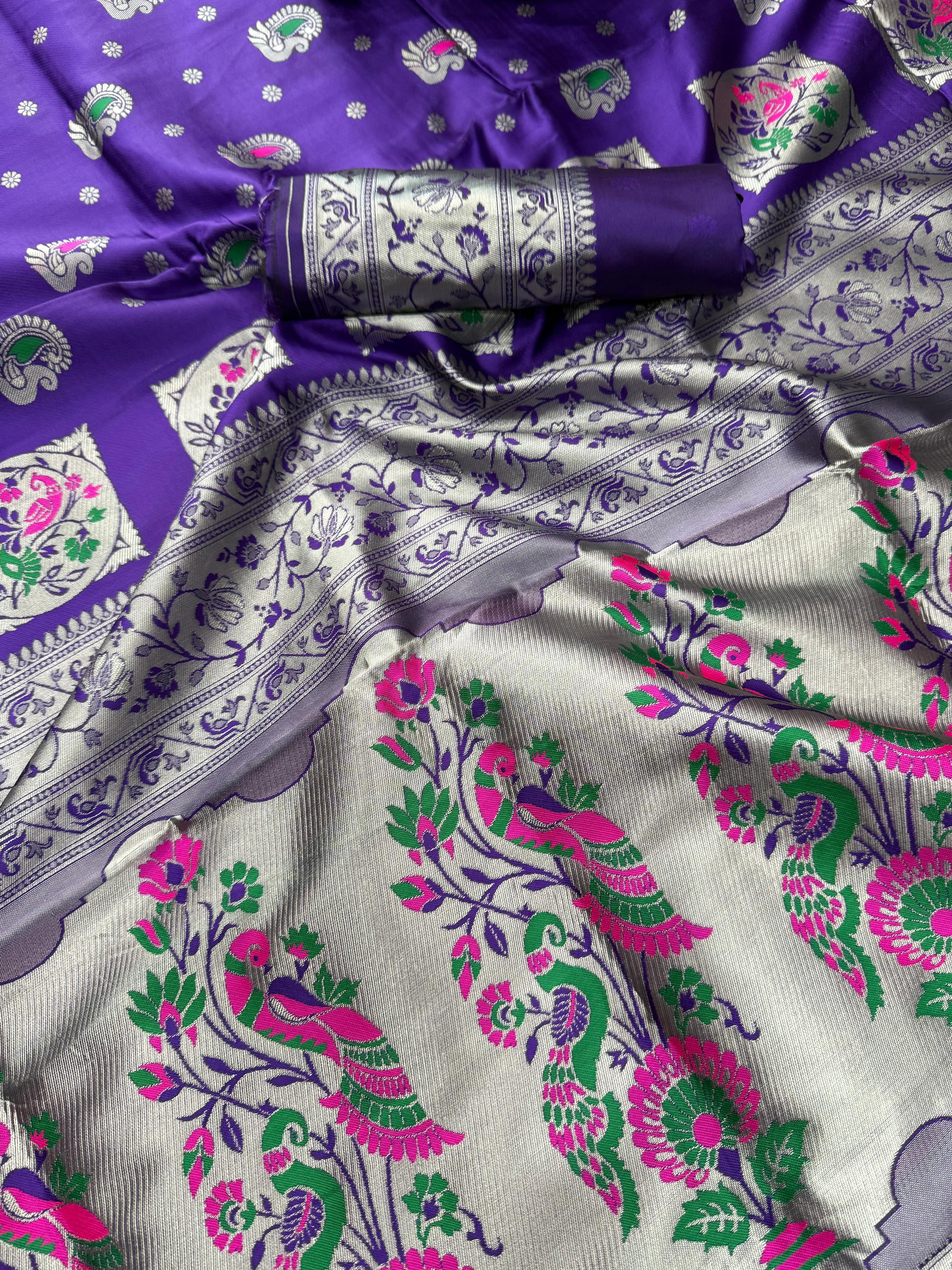 Sensational Violet Paithani Silk Saree With Seraglio Blouse Piece