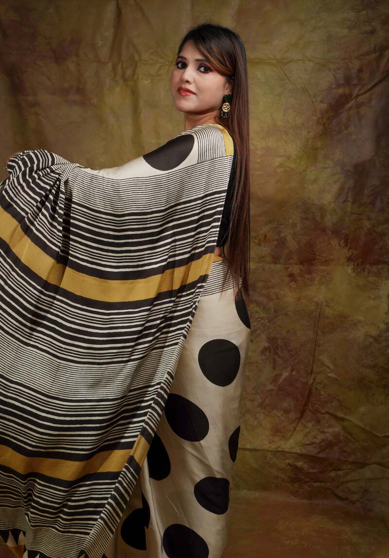 Verdant Beige Digital Printed Crape Silk Saree With Glamorous Blouse Piece