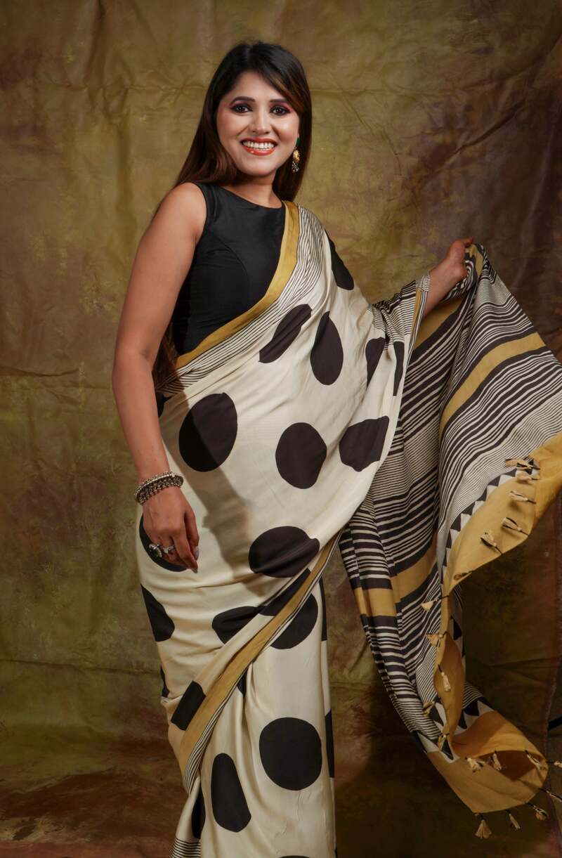 Verdant Beige Digital Printed Crape Silk Saree With Glamorous Blouse Piece