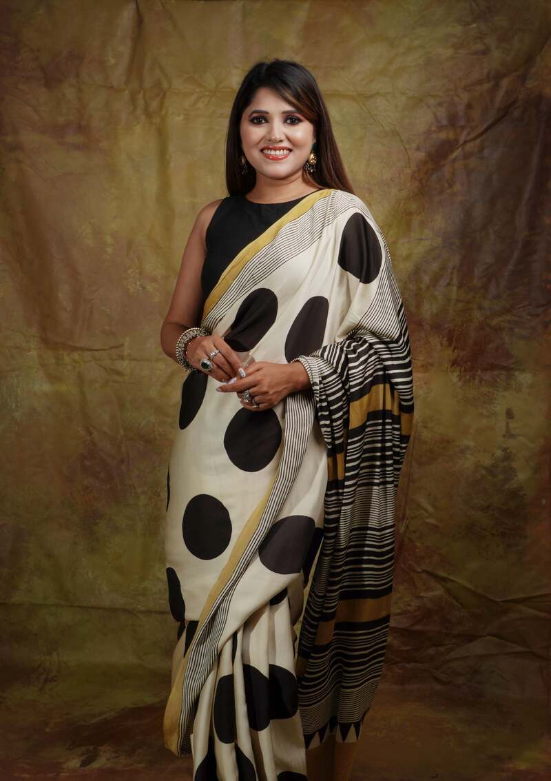 Verdant Beige Digital Printed Crape Silk Saree With Glamorous Blouse Piece
